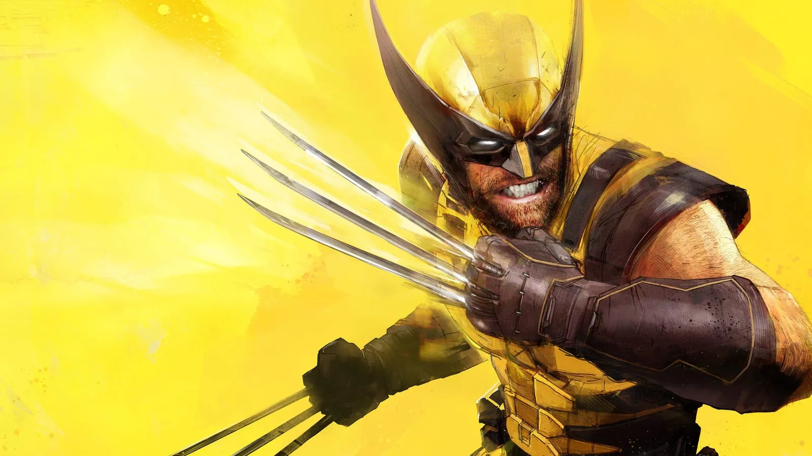 Marvel's Wolverine : Logan en costume jaune et noir, griffes sorties, sur un fond jaune, visuel officiel du jeu d'Insomniac Games