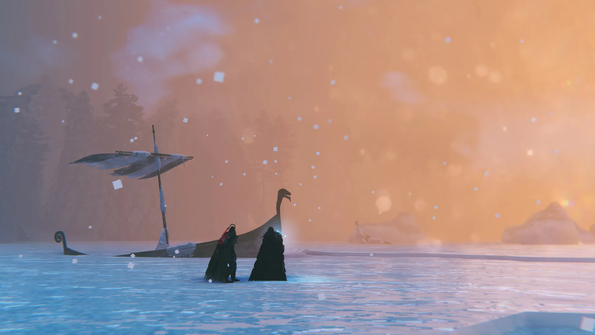 Valheim 1.0 : un drakkar pris dans la banquise du Deep North, un viking en armure lourde posté devant les plaques de glace